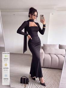 SUNSTORY Women's Autumn Black Square Neck Square Neck Bow Long Sleeve Ruched Waist Mermaid Mid-Length Dress, Suitable For Dating, Party, Christmas, New Year, Back To School Dance - Black - View 4
