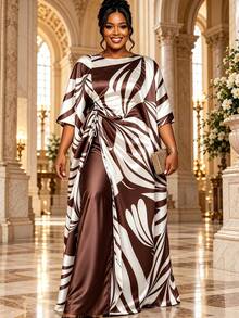 Plus Size 2 Pieces Pants Set Kaftan Top With Drawstring Wide Leg Pants African Print Outfit Elegant Church Wedding Guest Formal Wear New Fashion - Brown - View 5