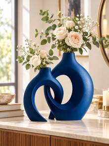 Blue Anti-Flower Vase For Modern Home Decor - Matte "Embrace" Shaped Hollow Vase (2pcs Set), Suitable For Dining Table Center, Office Bookshelf Or Living Room - Multicolor - View 8