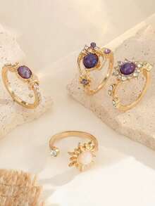 4 Fashionable Ins Sun Moon Diamond Gemstone Ring Set Valentine's Day Mother's Day Birthday Gift - Ring Set - View 3