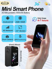 SERVO 16SE Mini Smartphone, Sistem Operasi Android 9.0, WCDMA Dual SIM Dual Standby Jaringan 3G, Layar HD 3.0 Inci, RAM 2GB, Penyimpanan 16GB, Ponsel Pintar Ultra Kompak - Hitam - View 3