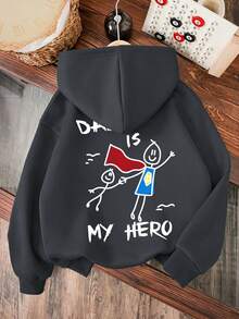 1pc Boys Casual Hoodie Printed With Two Line-Drawing Figures And Some English Words, Childlike Style Design New Autumn/Winter Boys' Comfortable Top - Dark Grey - View 2