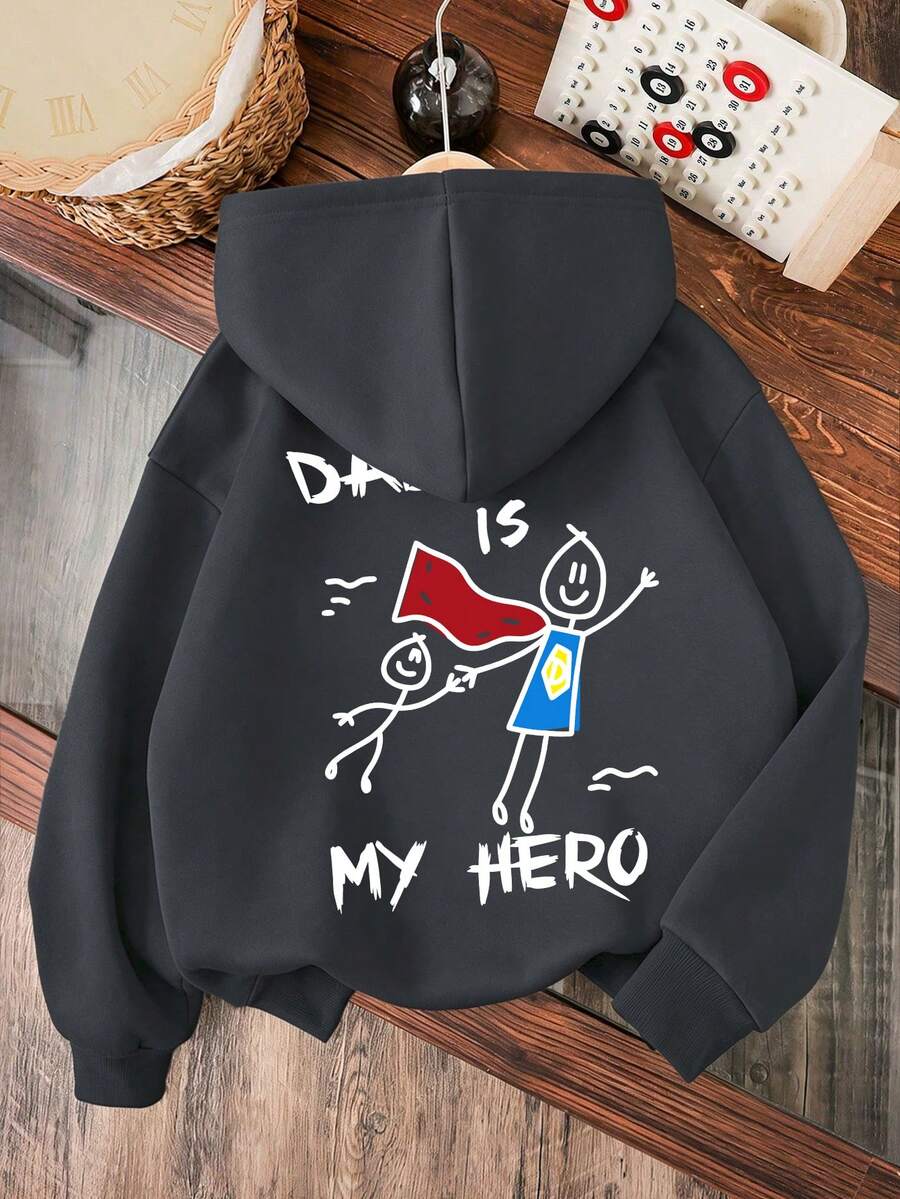 1pc Boys Casual Hoodie Printed With Two Line-Drawing Figures And Some English Words, Childlike Style Design New Autumn/Winter Boys' Comfortable Top - Dark Grey - View 1