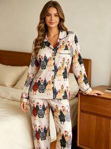 2pcs Women's Pajama Set, Gift 2-Piece Set, Lapel Button Long Sleeve, Loose Elastic Long Pants, Suitable For All Seasons, Home Wear, Outdoor Wear, Comfortable And Loose, New Full Print Pattern - Apricot - View 7