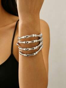 1pc Dark Style Open Cuff Bracelet For Women, Designer Skull & Ghost Claw Design, Personalized Hand Jewelry - Silver - View 6