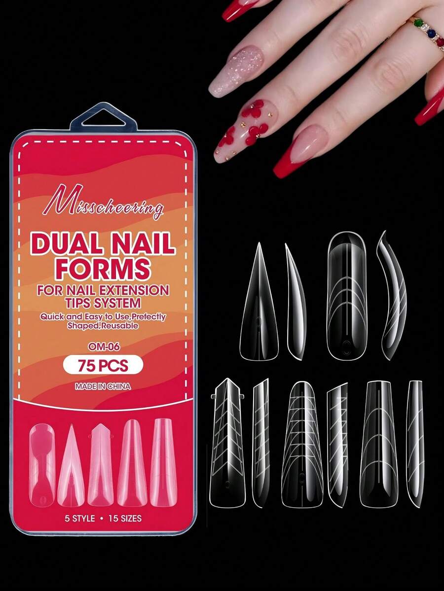 75pcs Dual Nail Forms Set, 5-Shape 15-Size Reusable Clear For Poly Gel Nail Molds, Nail Extension Forms For Poly Gel Manicure Nail-Salon Supplies - Clear - View 1