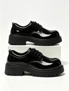 Men's Black Shiny Leather Thick Sole Round Toe Lace-Up Height-Increasing Casual Work Shoes, Plus Size 37-46 - Black - View 2