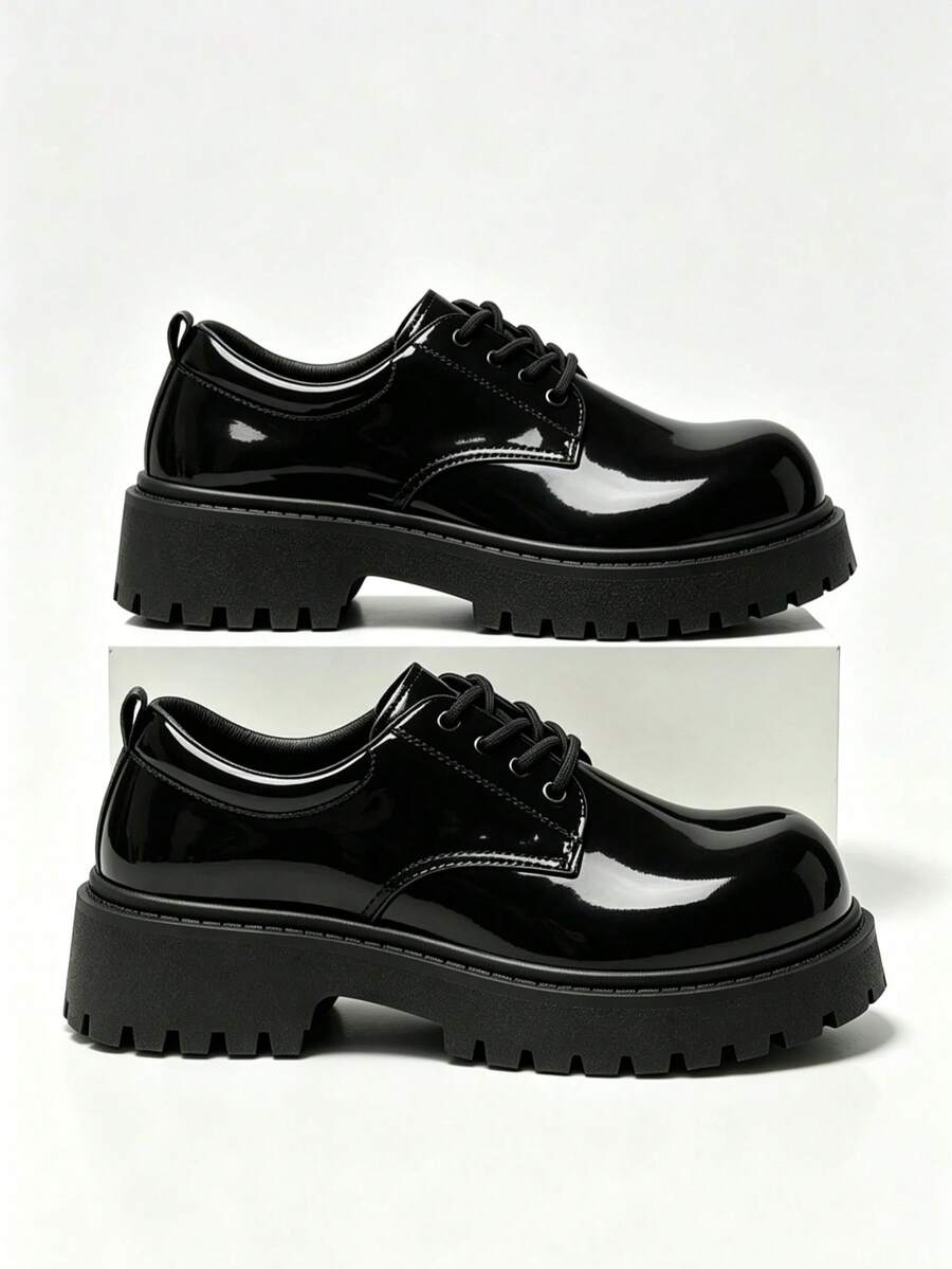 Men's Black Shiny Leather Thick Sole Round Toe Lace-Up Height-Increasing Casual Work Shoes, Plus Size 37-46 - Black - View 1