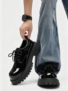 Men's Black Shiny Leather Thick Sole Round Toe Lace-Up Height-Increasing Casual Work Shoes, Plus Size 37-46 - Black - View 11