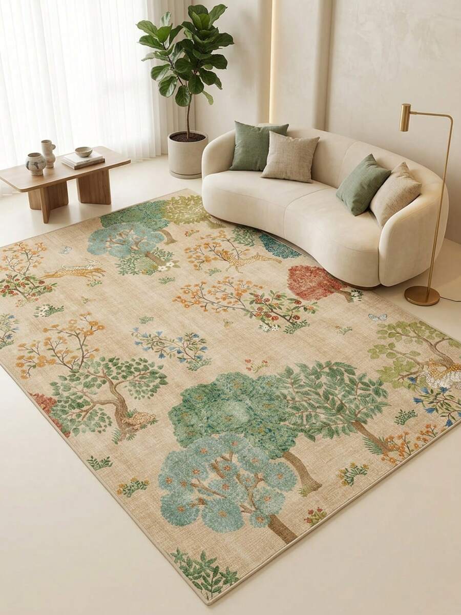 1pc Beige Vintage Forest Animal & Floral Area Rug, Faux Cashmere Material Rectangular French Country Style Artistic Illustration Pattern, Machine Washable Suitable For Living Room Bedroom Daily Home Decor, Aesthetic Home Decoration - Multicolor - View 1