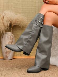 2024 Autumn New Women's Tall Boots Fashion Embroidered Knight Boots Mid-Heel Non-Slip - Grey - View 3
