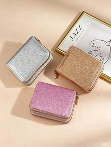 Dompet Kartu Pendek Mengkilap, Dompet Koin Wanita, Sarung Kartu Berkilau Bermotif Bintang, Tas Penyimpanan Koin Multifungsi Premium, Dompet Kartu dengan Resleting Ganda - MultiWarna - View 1