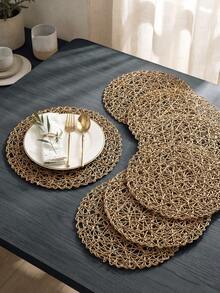 Tkvega • Home 6pcs/set Coffee Handmade Knitted Hollow Out Round Modern Minimalist Style Placemat, Water-resistant, Easy To Clean, Wipeable, Non-slip, Heat-resistant, For Dining Table, Holiday, Wedding, Party, Festival Decoration - Brown (6 Pieces) - View 2