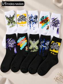 ZHIYITANG Random 1 Pair/5 Pairs Men's Mid-Calf Socks, Graffiti Print Street Style, Soft Comfortable Breathable Casual Socks, Colorful Pattern, Versatile For Daily Wear, Spring/Autumn - Multicolor - View 2