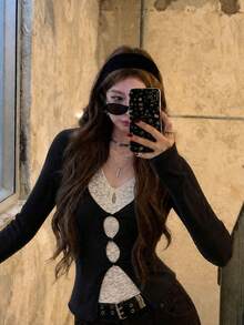 Korean Style Faux Two Pieces V-Neck Lace Hollow Long Sleeve T-Shirt Women Autumn/Winter Inner Layer Slim Fit Top - Black - View 5