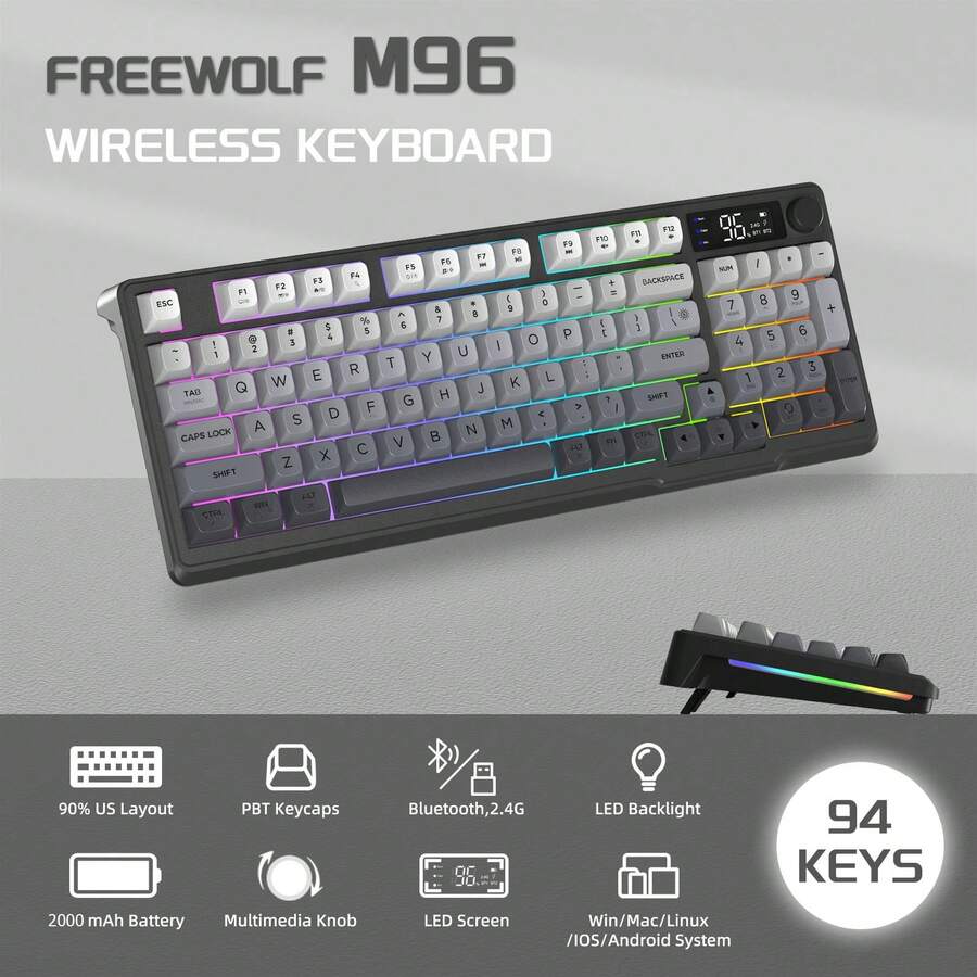 M96 Wireless Gaming Keyboard, Knob Control Bluetooth/2.4G Wireless, Mechanical Feeling, RGB LED Backlit With Display Screen, PBT Keycap, 3000mAh, US Layout Compatible With Win - Multicolor - View 1
