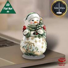 2D Flat 1pc Rotating Base Acrylic Snowman Christmas Tree Ornament, 360° Rotating Desktop Decoration, Green Snowman With Gold Accents, Harmonious Color Scheme, Suitable For Holiday Home And Office - A - View 4