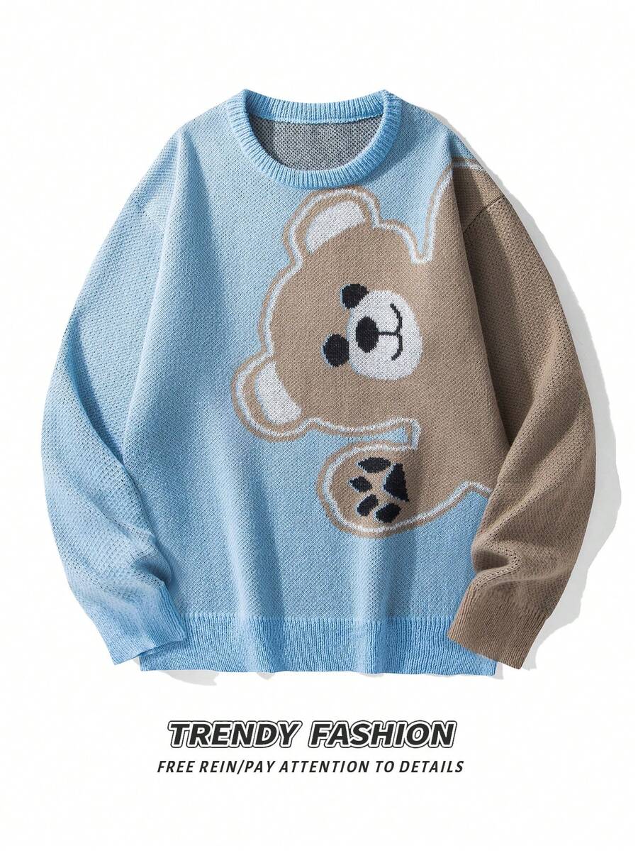 Cute Bear Cartoon Pattern Knitted Sweater With Contrasting Colors, Unisex Round Neck Loose Casual Pullover - Blue - View 1