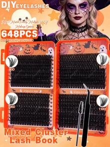 Halloween Cosplay Cluster Lash Kit, 10D-40D & 80D-150D Individual Volume Cluster Lashes, Dramatic Spooky False Eyelashes For Halloween Party, Costume & Gothic Eye Makeup, Includes Tweezers & Lash Brush - View 5