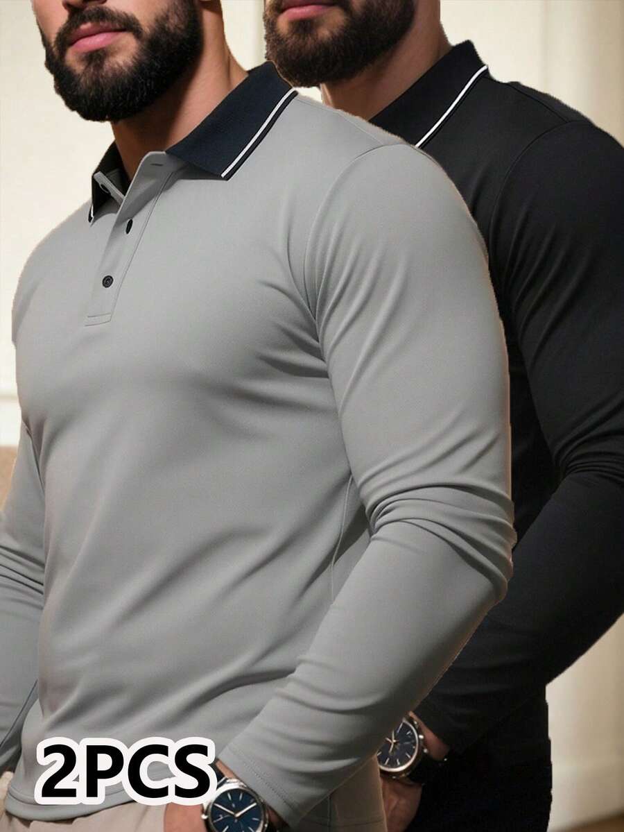 2pcs/Pack Men's Long Sleeve Polo Shirts, Outdoor Sports Casual Tops - Multicolor - View 1
