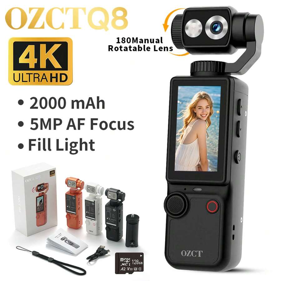 Entry-Level Professional Vlog Handheld Action Camera (Includes 128G TF Memory Card), 180° Rotating Camera, Built-In Fill Light, Upgraded Seamless Auto Storage (Shooting + Recording), 2000mAh Long Battery Life. Suitable For Webcam, Cycling/Hiking/Sports Recording, Video Diary Camera, Panoramic Camera, Blogger Entry-Level Camera, Perfect For Life Recording And Travel Gift