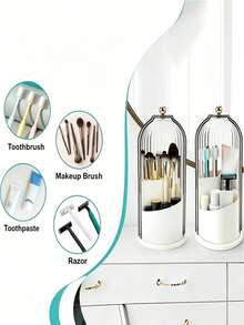 1Pc Large Capacity 360° Rotating Vanity Organizer , With Transparent Dust Cover , Luxury Countertop Storage Rack , Desktop Cosmetic Turntable Holder For Toothbrush , Toothpaste , Razor , Eyebrow Pencils & Makeup Brushes , Halloween & Christmas Gift - Multicolor - View 10