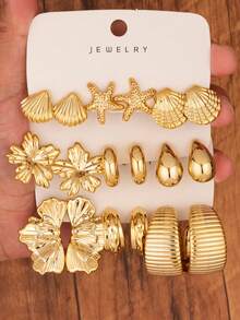 6/18pcs Gold Fashion Women High-End Earring Set - Gold - View 1