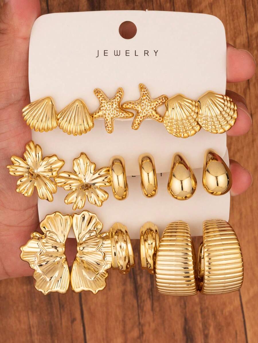 6/18pcs Gold Fashion Women High-End Earring Set - Gold - View 1