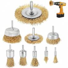 9-teiliges Drahtbürsten-Set für Bohrmaschine, Messingbeschichtete Stahldraht-Bürsten für Rostentfernung Entgraten Polieren Reinigen, für Metall Stein & Holz - A - Übersicht 7