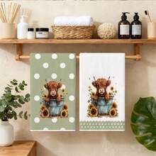2pcs/Set Highland Cow Pattern Towel Set, Soft Kitchen Towels, Absorbent Quick-Drying Hand Towels, Christmas Decoration, Suitable For Bathroom, Kitchen, Bedroom And Other Home Decor, Holiday Gift For Friends And Family - Green - View 6