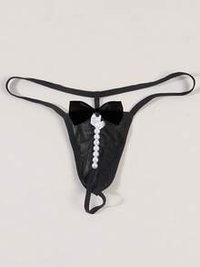 Men's Sexy Bowknot Mesh Breathable Pearl Decorated Comfortable Erotic Thong Semi-Sheer - Black - View 3
