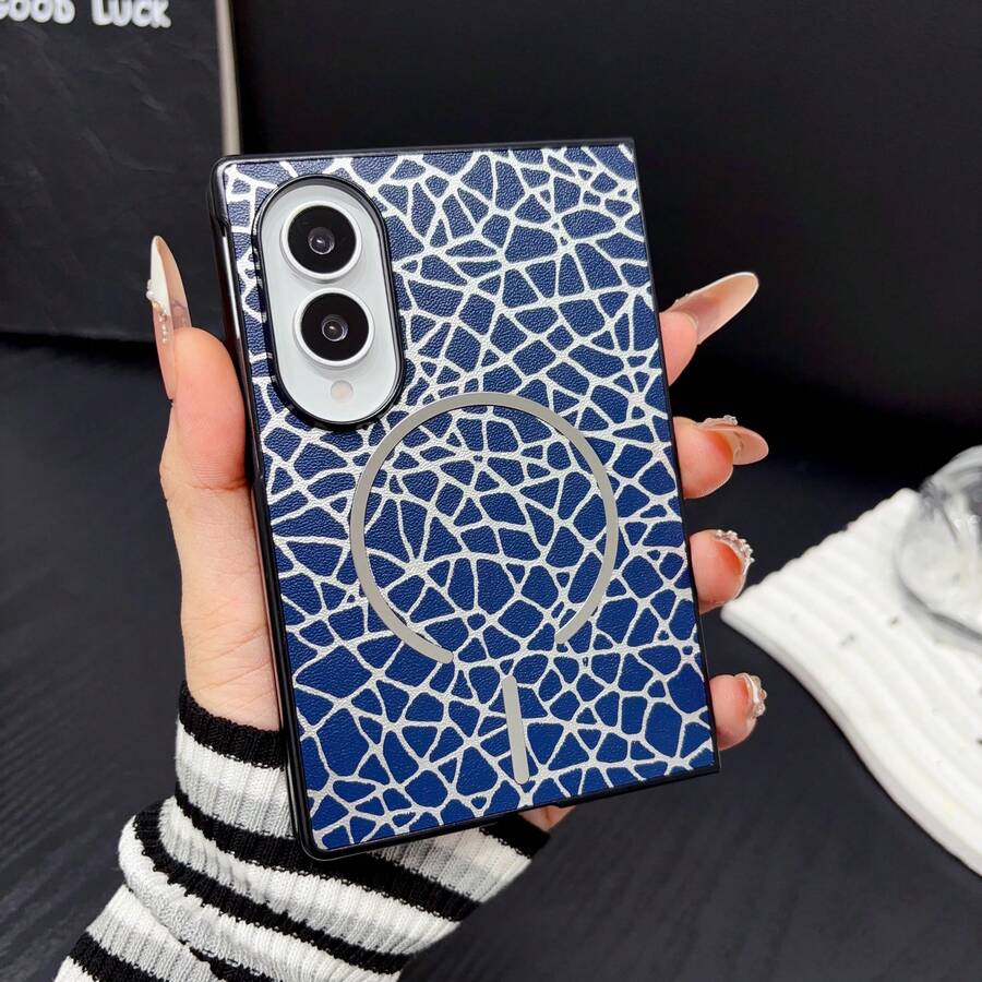 Electroplated Leather Foldable Phone Protective Case Compatible With Iphone Duo Galaxy Z Fold 8 8 Ultra - Blue - View 1