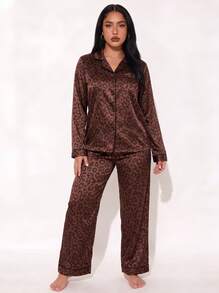Brown Leopard Print Jacquard Women's Long Sleeve Long Pants Pajama Set - Brown - View 8
