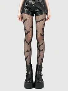 3Pairs Women's Gothic Fishnet Tights Set, Spiderweb Hollow Net & Bat Pattern Stockings, Y2K Punk Style Sheer Leggings For Halloween Party - Multicolor - View 3