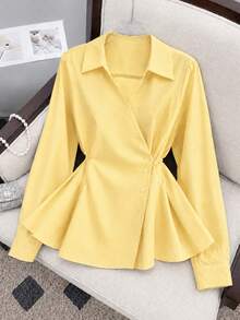 Plus Size Women's Spring/Autumn New Solid Color French V-Neck Tie Waist Casual Long Sleeve Blouse Yellow - Yellow - View 1