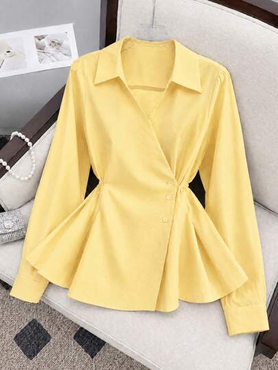 Plus Size Women's Spring/Autumn New Solid Color French V-Neck Tie Waist Casual Long Sleeve Blouse Yellow