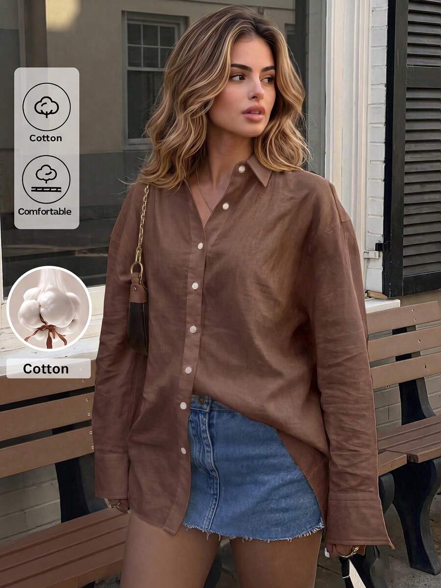Vellofy Women's Autumn/Winter Navy Blue 100% Pure Cotton Button-Up Collar Long Sleeve Loose Fit Shirt, Suitable For Home Leisure, Daily Dating And Gatherings - Rust Brown - View 1