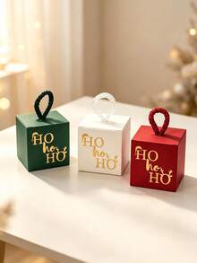 10Pcs Christmas Cube Gift Boxes With Rope Loop Handle, Red Green White And Kraft Paper Favor Boxes, Mini Holiday Gift Packaging For Cookies, Candy, Small Gifts, Christmas Tree Decorations, Party Favors, Easy To Assemble - Multicolor - View 5