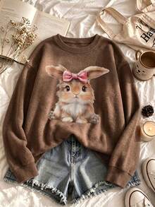 Women's Plus Size Pullover Sweater, Cute Rabbit Print, Brown Autumn Long Sleeve Crew Neck Top - Brown - View 3