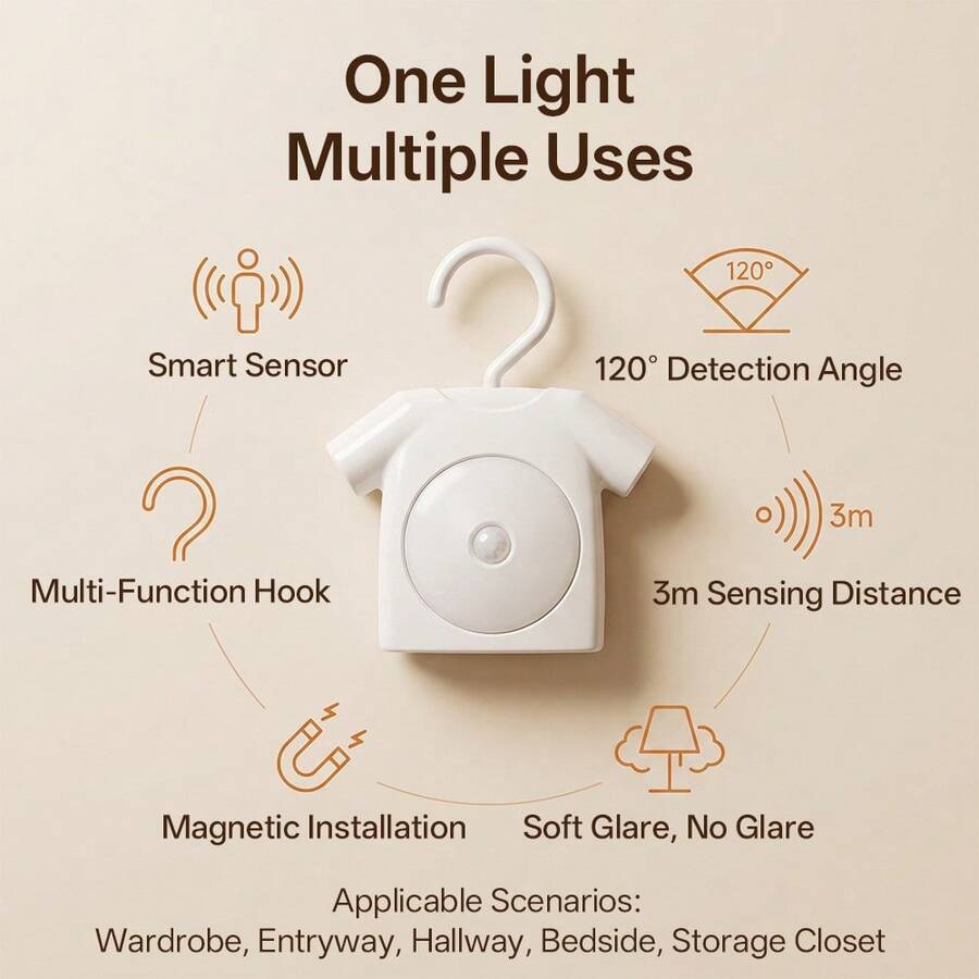 DO AS YOU WISH White Motion Sensor Hanging Night Light, Battery Powered Closet Light Strip With Hook, Soft Warm Light, LED Light Suitable For Closet, Hallway, Entrance, Bedroom, Cabinet, Stairs And Indoor Night Lighting - 1-pack - View 1