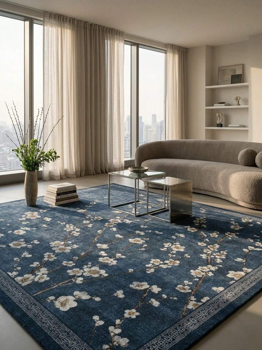 1PC Deep Blue & White Floral Vine Area Rug, New Chinese Vintage Style Faux Cashmere Rectangular Plum Blossom Pattern, Machine Washable Suitable For Living Room Bedroom Daily Home Decor, Aesthetic Home Decoration - Multicolor - View 1