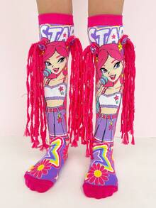 1pair Girls Rock Star Cartoon Print Knee High Socks, DIY 3D Braids Design, Fun Novelty Crazy Socks For Party Costume & Birthday Gift - Hot Pink - View 10