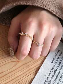 3pcs Copper Material French Luxury Fashion Elegant Exquisite Versatile European & American Faux Pearl Cross Geometric Open Adjustable Ring Set Suitable For Women's Daily, Holiday, Commute Wear - Gold - View 5