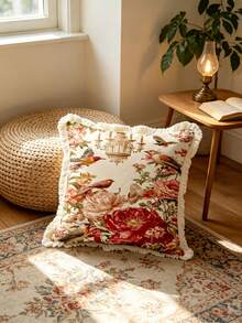 1PC French Floral And Bird Print Pillow Cover With Tassel Border, Double-Sided Decorative Pillowcase, French Vibrant Floral And Bird Patterns, Home Decor, Sofa, Bed, Bedroom(Excluding Pillow Core)-Size Excludes 3cm Tassels - Multicolor - View 1