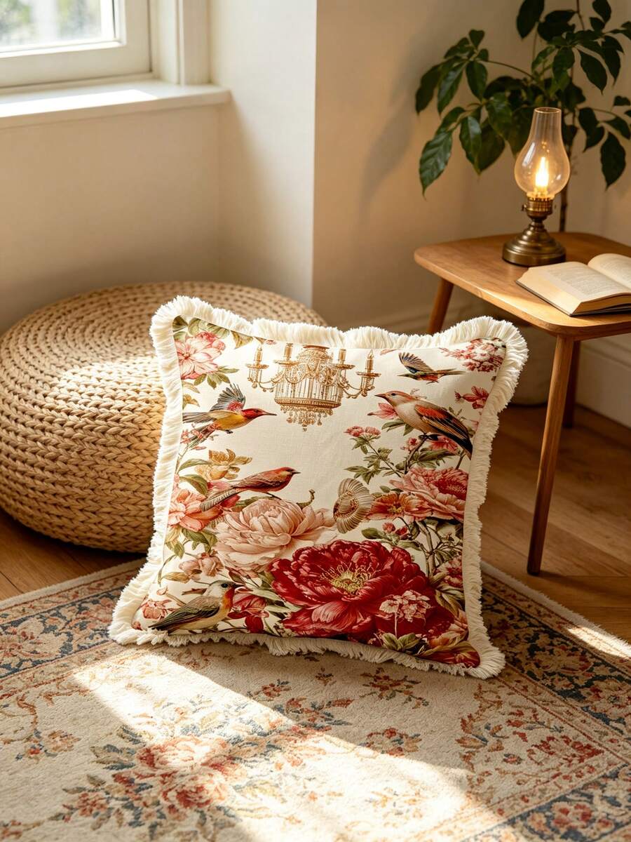 1PC French Floral And Bird Print Pillow Cover With Tassel Border, Double-Sided Decorative Pillowcase, French Vibrant Floral And Bird Patterns, Home Decor, Sofa, Bed, Bedroom(Excluding Pillow Core)-Size Excludes 3cm Tassels - Multicolor - View 1