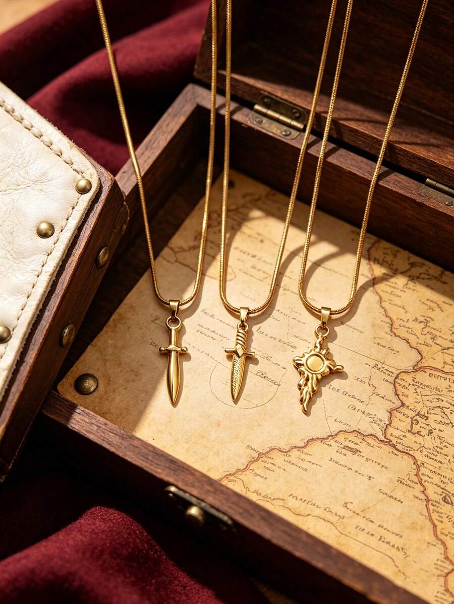 1pc Vintage Stainless Steel Classic Minimalist Polished Pirate Pendant Necklace, Unisex, Suitable For Daily Wear, Holiday Wear, Niche Luxury, Gift - Yellow Gold - View 1