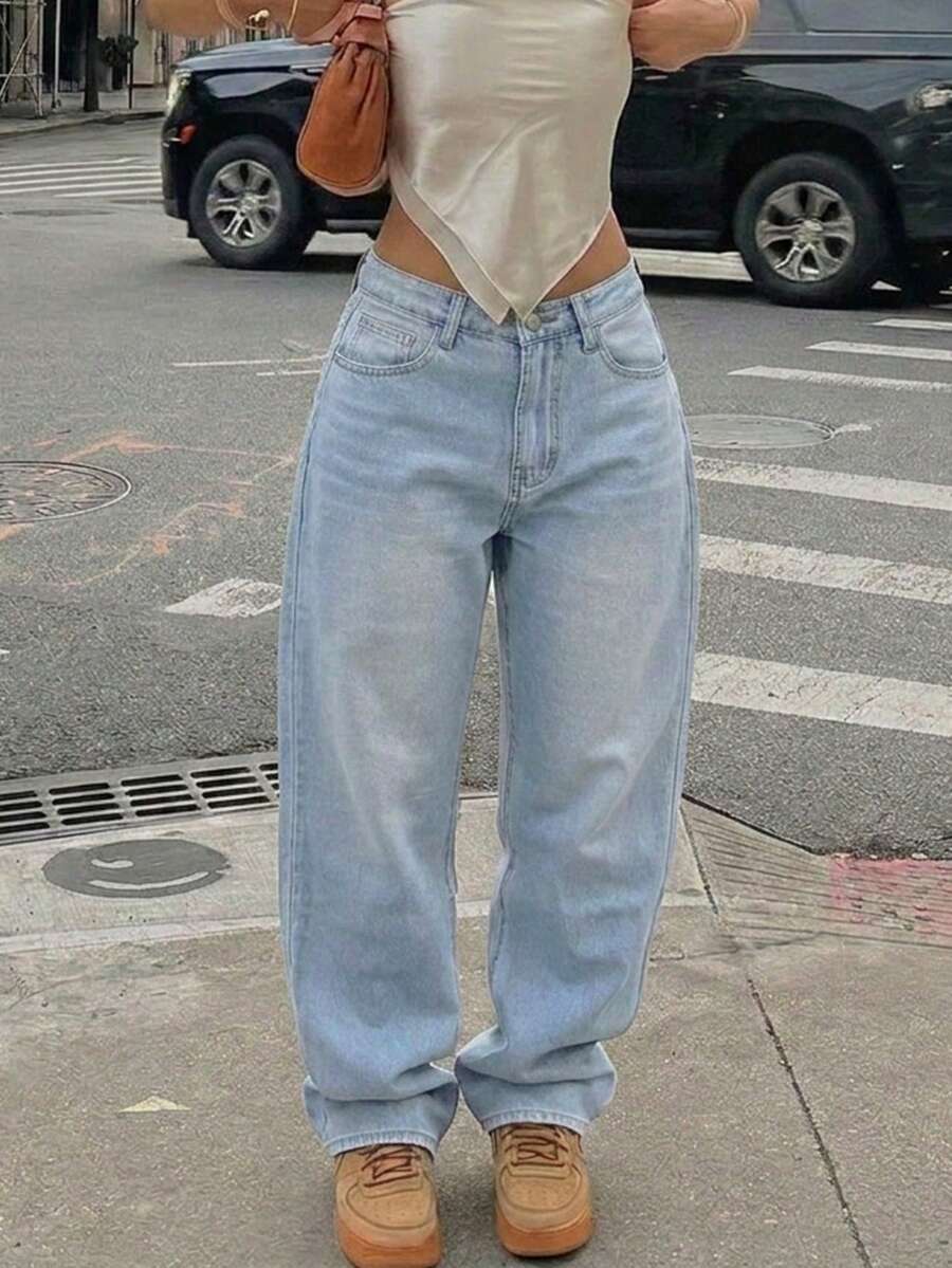 Women's Retro Loose Stacked Straight Denim Pants Casual Spring Fall - Light Wash - View 1