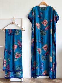1 Set Elegant Floral Print Faux Silk Robe Set For Women Beach Sun Protection Pullover Shawl With Satin Scarf, Perfect For Layering And Daily Wear - Multicolor - View 8