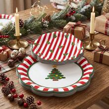 10/20/50pcs Christmas Tree Wavy Edge Disposable Paper Plates, 7 Inch And 9 Inch, Red And White Striped Fan Edge Christmas Dinner Plates, Christmas Eve Family Dinner, Holiday Office Party, Winter Solstice Dinner Tableware - Multicolor - View 6
