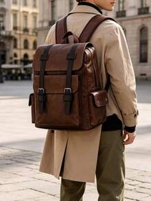 Men's Vintage Leather Backpack, Casual Business Travel Rucksack With Multiple Pockets, Classic Waterproof School Bag For Men - Coffee - View 7